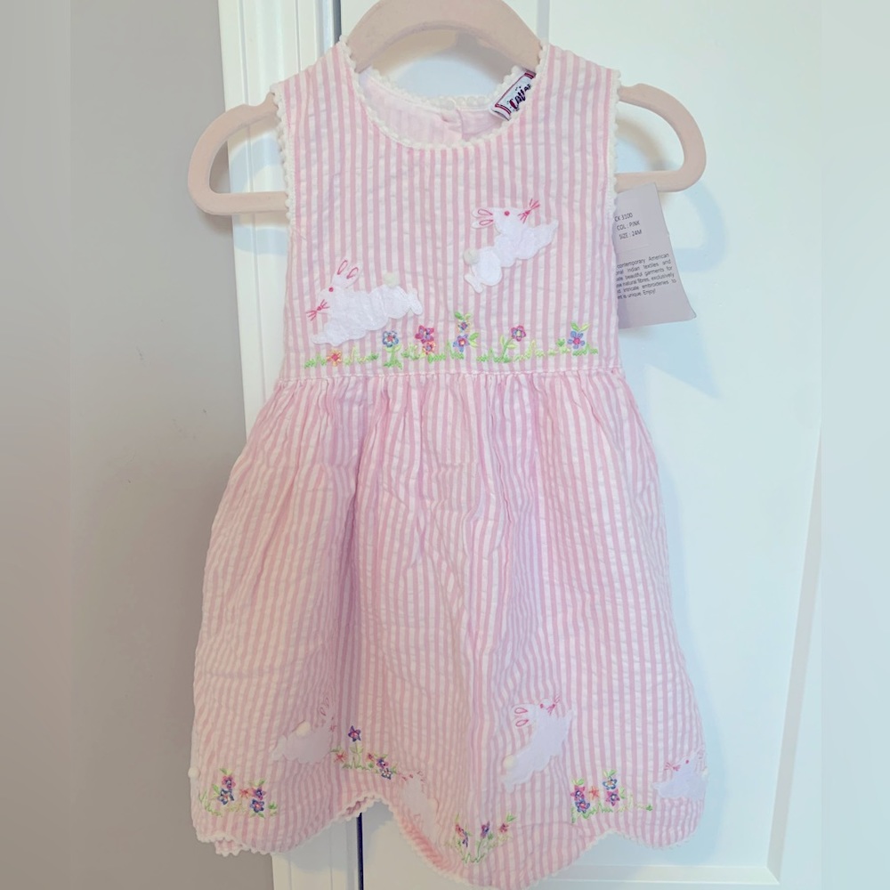 NWT Cotton Kids Pink Seersucker Bunny Dress Size 24 Months